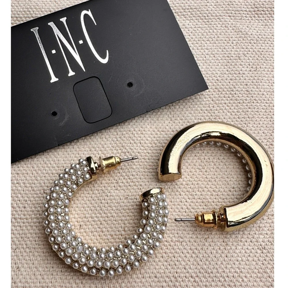 INC International Concepts Gold Tone Faux Pearl Pavé Chunky C-Hoop Earrings Post